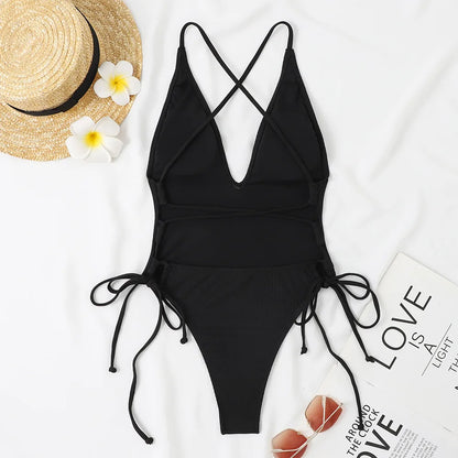 Solid Swimwear Women Strapped Push Up One Piece Swimsuit Beach Lady Monokini Cross Backless Bathing Suit
