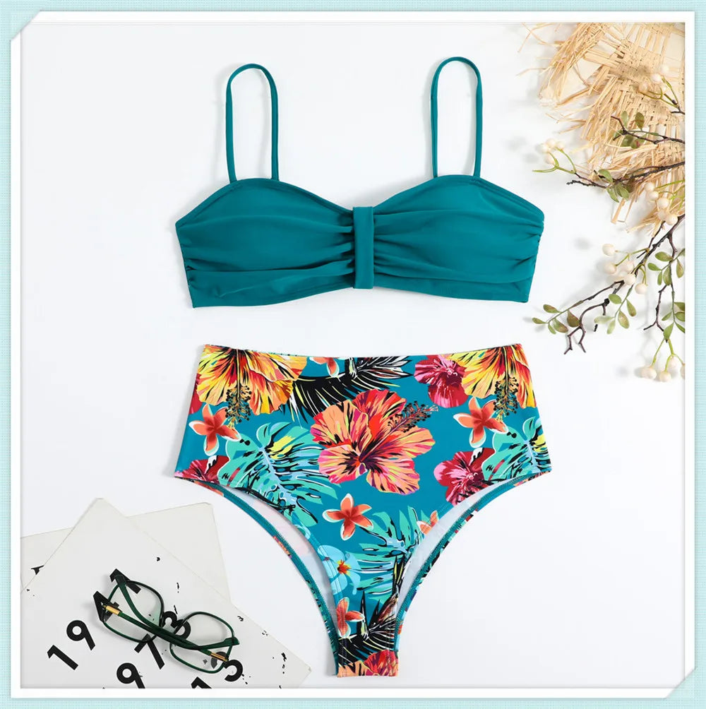 Solid Bandeau Bikini Set Women Tropical Printed Swimwear Female Push Up Swimsuit High Waist Bathing Suit Tie Back Beachwear