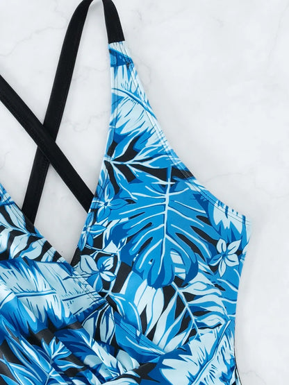 Strappy Leaves Printed Swimsuit Women One Piece Crisscross Back Swimwear Female Bodysuit Bathing Swimming Suit Beachwear