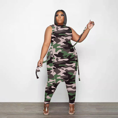 Camouflage Plus Size Women Clothing Two Piece Outfits Sleeveless Round Neck Bandage Crop Tops Pants Sets
