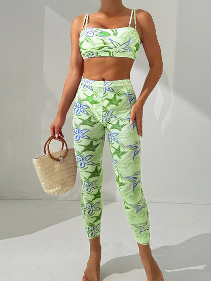 Strappy Padded Bikinis & Trousers Swimsuit Women Printed 3 Pieces Swimwear Female Bathers Bathing Swimming Swim Suit