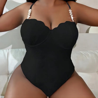 Summer plus-size women's swimsuit a piece of high-grade steel plus-size diamond strap swimsuit