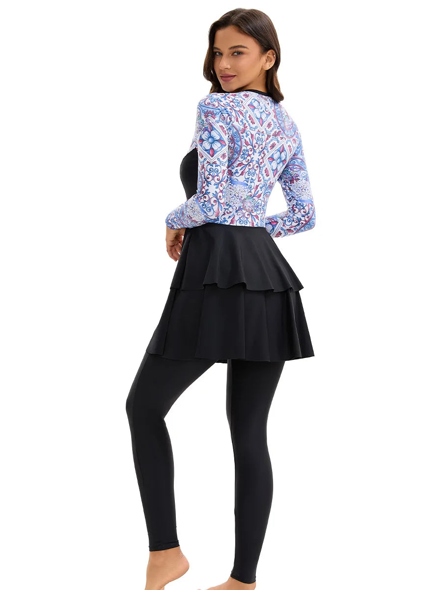 Women's  Rash Guard One-Piece Full Coverage Swimwear - Integrated Long-Sleeve Vintage Pattern + Double Ruffled Skirt Style, Full Coverage