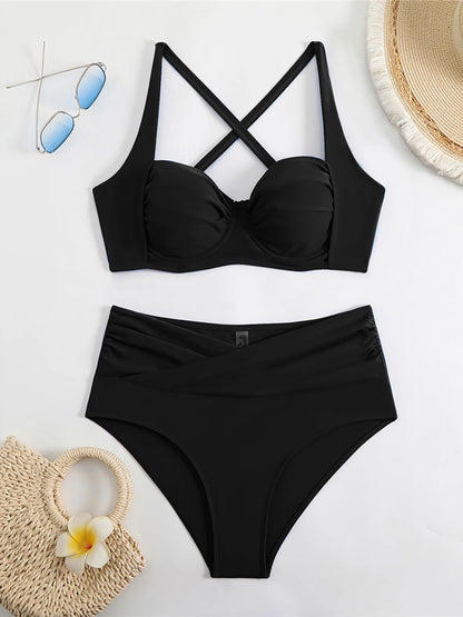 Pleated Underwired Padded Female Swimsuit High Waist Bikini Women Swimwear Two-pieces Bikini set Bather Bathing Suit Swim