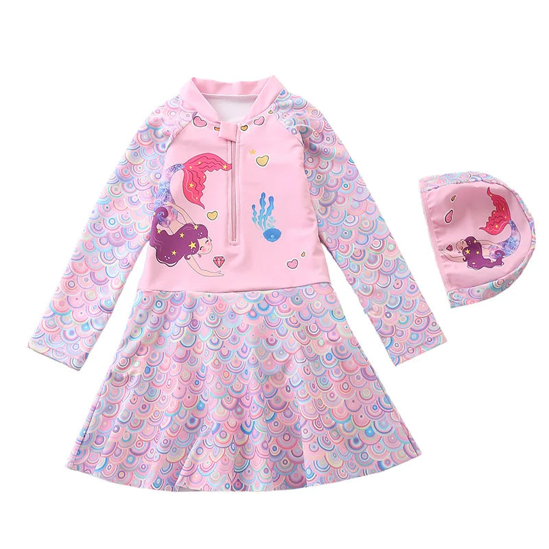 Mermaid Swimsuit for Girls Long Sleeves Children's Swimwear Front Zipper One-Piece Swimming Dresses Summer Beach Bathing Suit