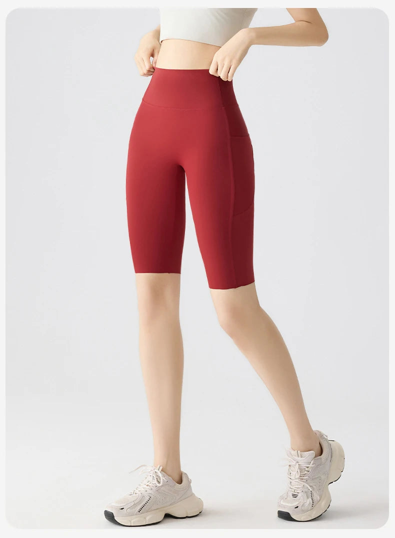 Pocket Yoga Sharkskin Bicycle Shorts Women Thin High Waist Push Up Light Feeling Sports  Fitness Cycling Shorts