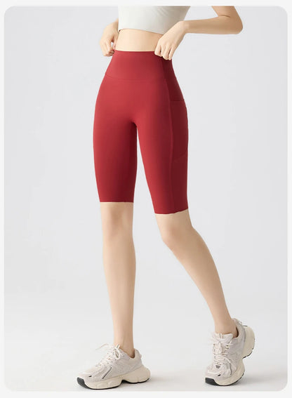 Pocket Yoga Sharkskin Bicycle Shorts Women Thin High Waist Push Up Light Feeling Sports  Fitness Cycling Shorts
