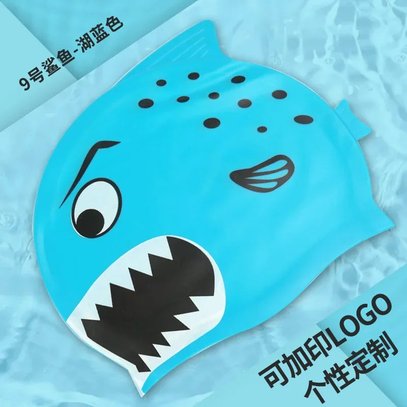 Children's Swimming Caps Waterproof Cartoon Swimming Cap for Boys and Girls Universal Cartoon Fish Shaped Soft Silicone Swim Cap