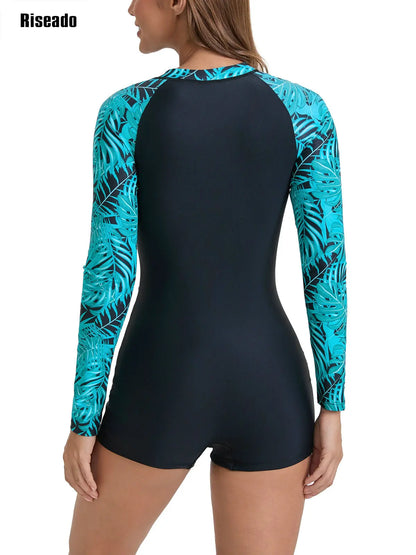 Women's Long Sleeve One Piece Bathing Suit Athletic Boyleg One Piece Swimsuit UPF 50+ Sun Protection Rash Guard