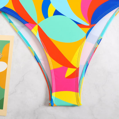 Color Block Swimsuit One Piece Backless Printed Swimwear Women Bathers Bathing Swimming Swim Suit Padded Beachwear Summer