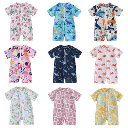 0-3Years Baby Boy Girl Rash Guard Swimsuits Fashion Print Short Sleeve Zip Up Rompers Bathing Suit Toddlers Swimwears Beachwear