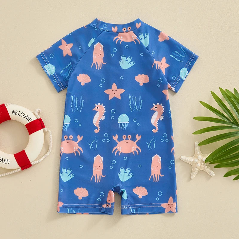 0-36months Toddler Boys Rash Guard Swimwear Cartoon Marine Print Swimsuits For Boys Front Zipper One_piece Bathing Suits