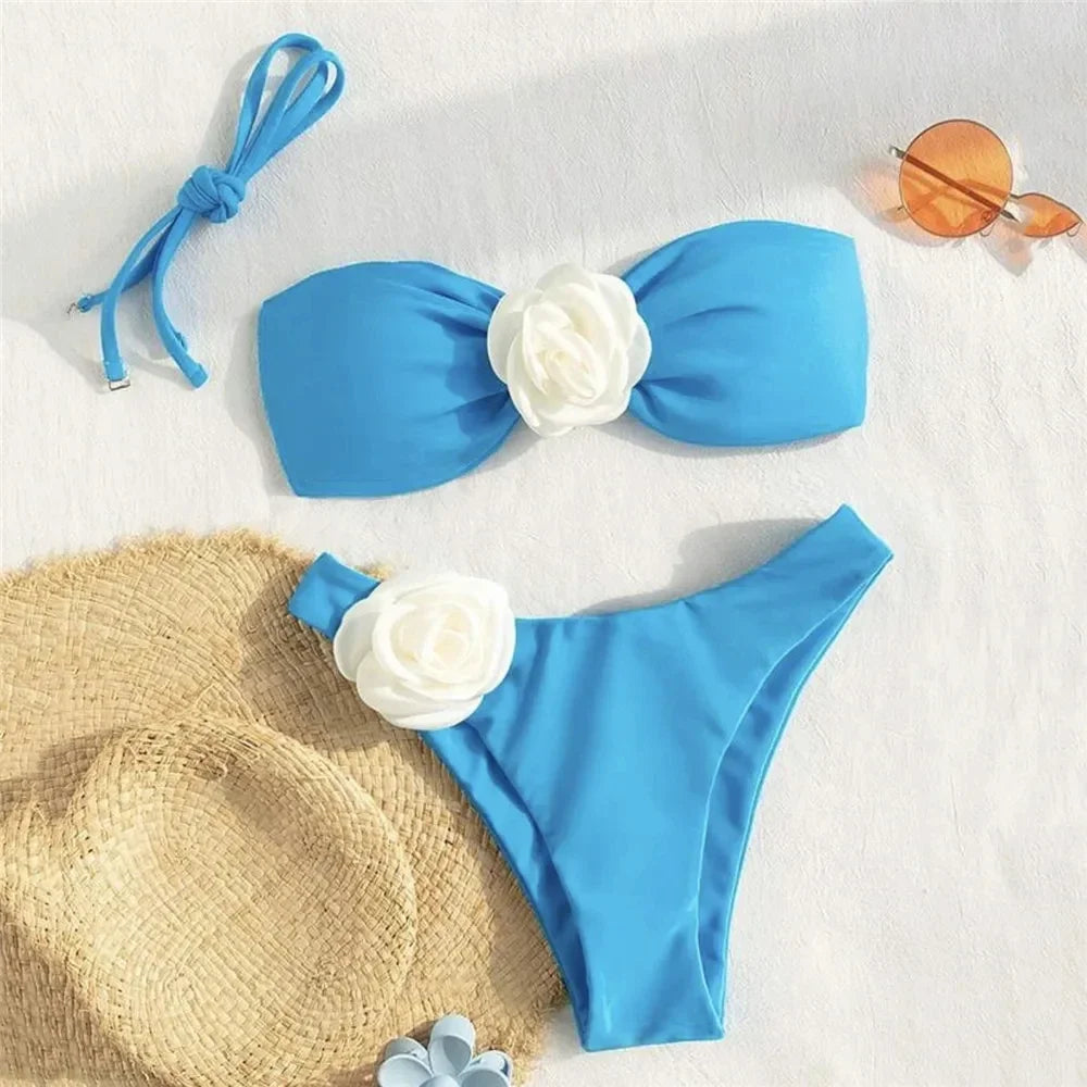 Flower Bandeau Swimwear Thong Bikini Women Lace-up Swimsuits Swimming Bathing Suit Brazilian Bikinis Set