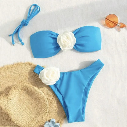 Flower Bandeau Swimwear Thong Bikini Women Lace-up Swimsuits Swimming Bathing Suit Brazilian Bikinis Set