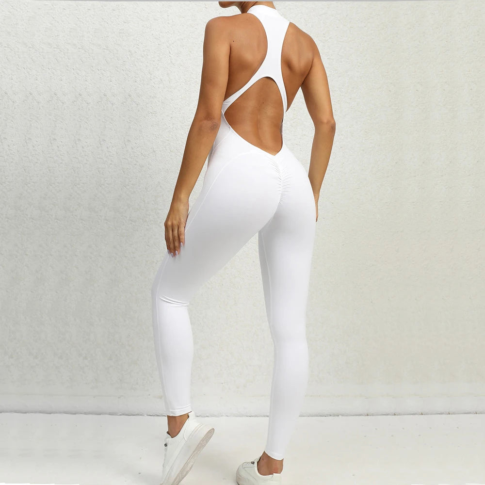 Women's Deep-V Zip-Front Open-Back Workout Playsuit