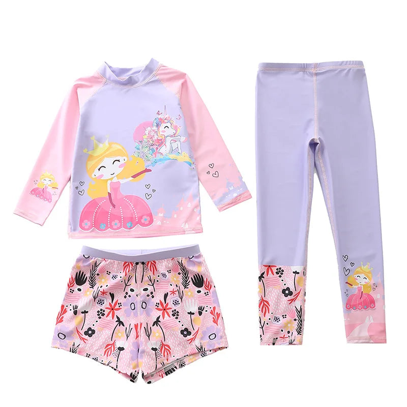 Kids Swimsuit for Girls Unicorn Long Sleeve Children's Swimwear + Surf Pants + Swimming Trunks Rash Guard Bathing Suit Child