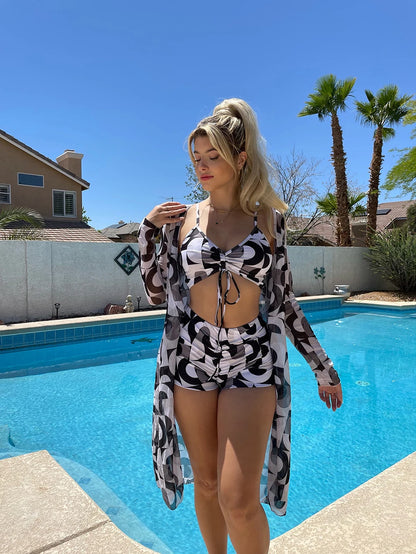 3 Pieces  Print Bikini Women High Waist Swimsuit Cover Up Swimwear Female Lady Bathing Suit Swimming Summer Beachwear