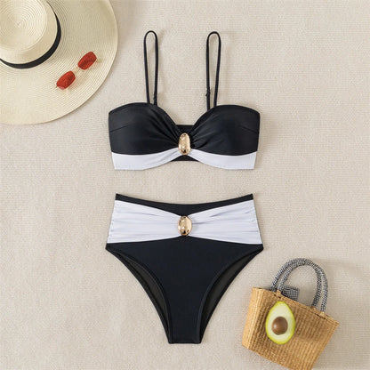 XS - L Splicing Metal Ring Female Swimsuit High Waist Bikini Women Swimwear Two-pieces Bikini set Bather Bathing Suit Swim