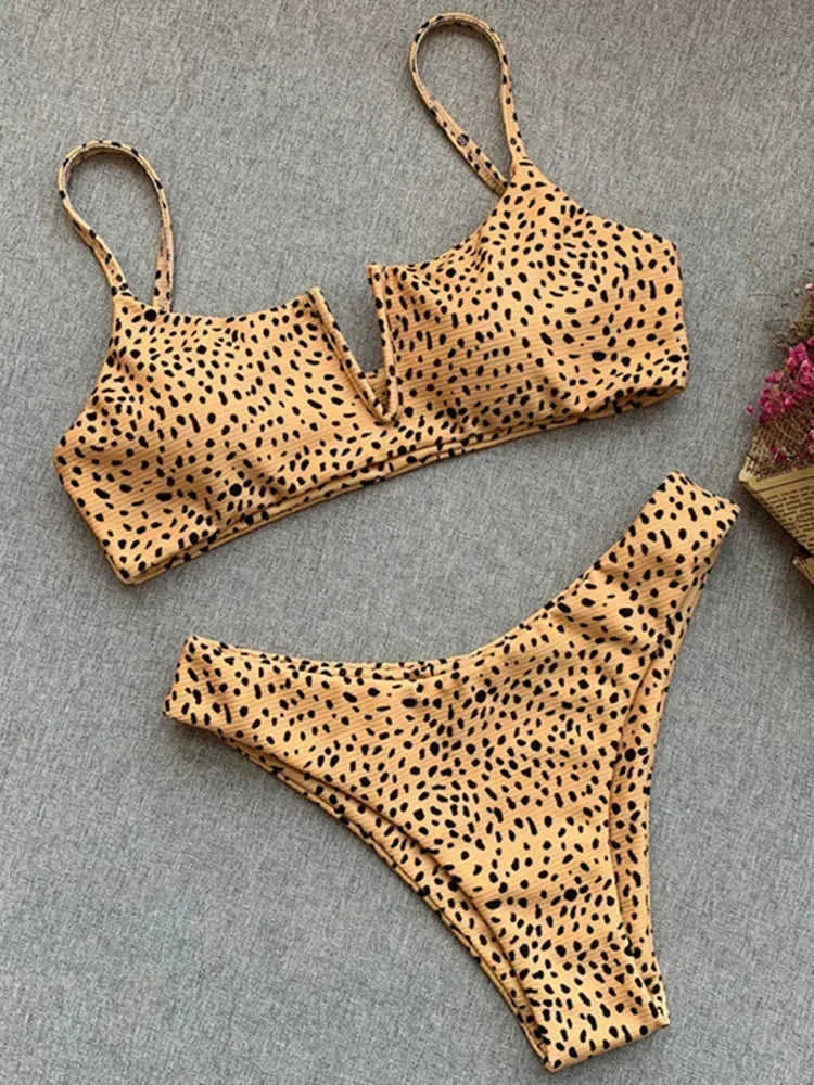Ribbed Polka Dot Bikinis V-Bar Underwired Bikini Women Swimwear Female Swimsuit Two Pieces Bikini Set High Cut Bathing Suit Swim