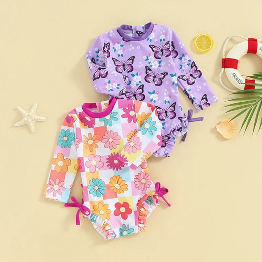 0-36months Baby Girl One_piece Swimwear Long Sleeve Flower Butterfly Print Bow Swimming Suit For Infant Girl Summer Bathing Suit