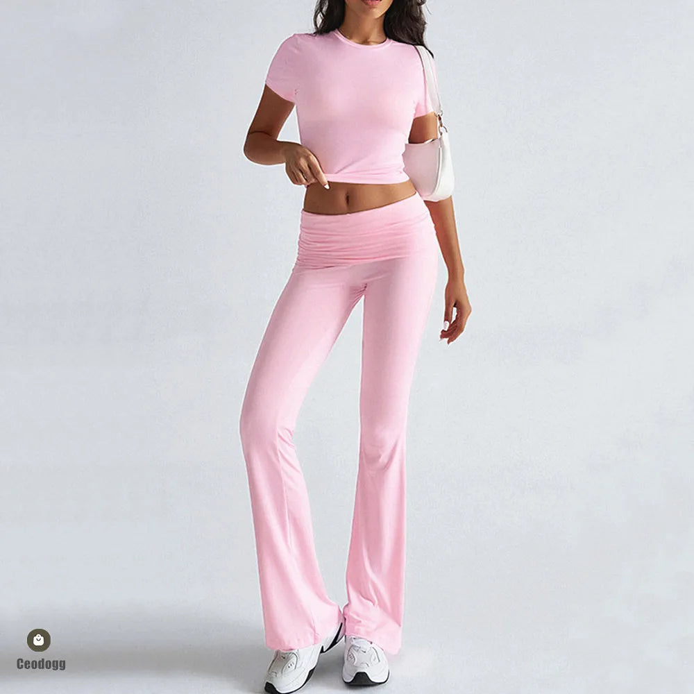 Foldable 2PCS Yoga Set Women Short Sleeve Crop Top Slim Fit High Waist Flare Leggings Fitness Suit Workout Gym Running Tracksuit
