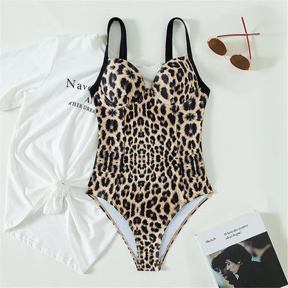 Thick Strap One Piece Women Leopard Printed Underwired Bra Cup Women Swimwear One Piece Swimsuit Female Monokini Bather Bathing Suit Swim
