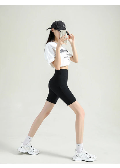BIVIGAOS Summer New Cargo Pocket Shark Shorts Women's Sport Fitness Cycling Shorts High Waist Running Tight Biker Short Leggings