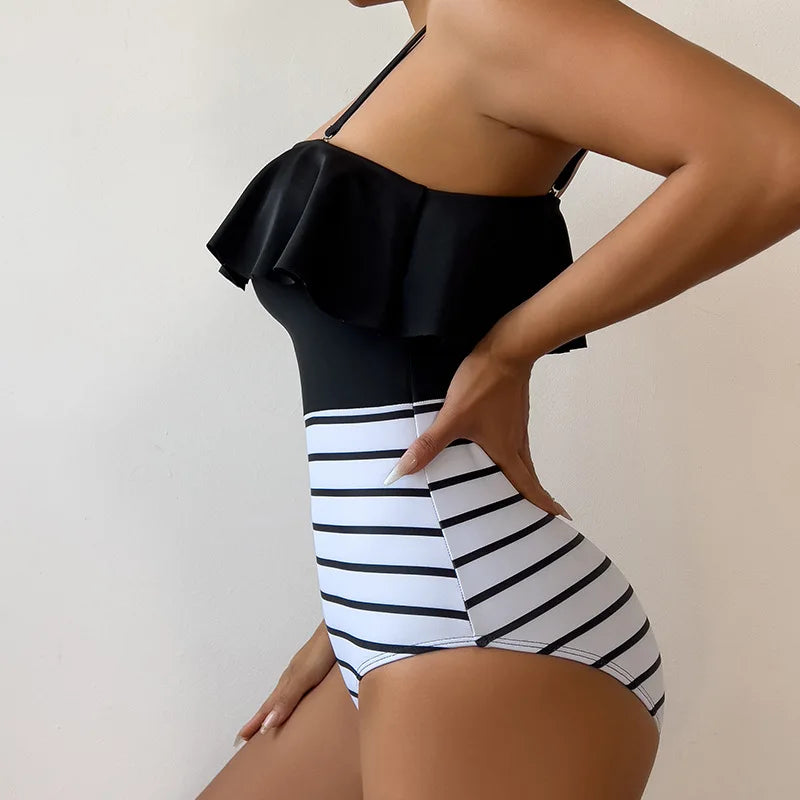 Women's One Piece Swimsuit One Shoulder Black and White Patters  Print Swimwear Fashion Beach Holiday