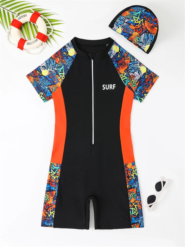 One Piece Boy Kids Swimsuit Solid Print Short Sleeves Children Swimwear Summer Zipper Beach Wear Bathing Suit Swimming