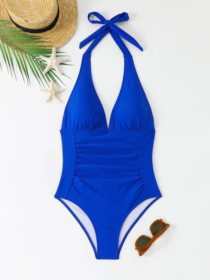 Ruched Halter Swimsuit One Piece Swimwear Women Bathers Bathing Swimming Swim Suit Female Beachwear