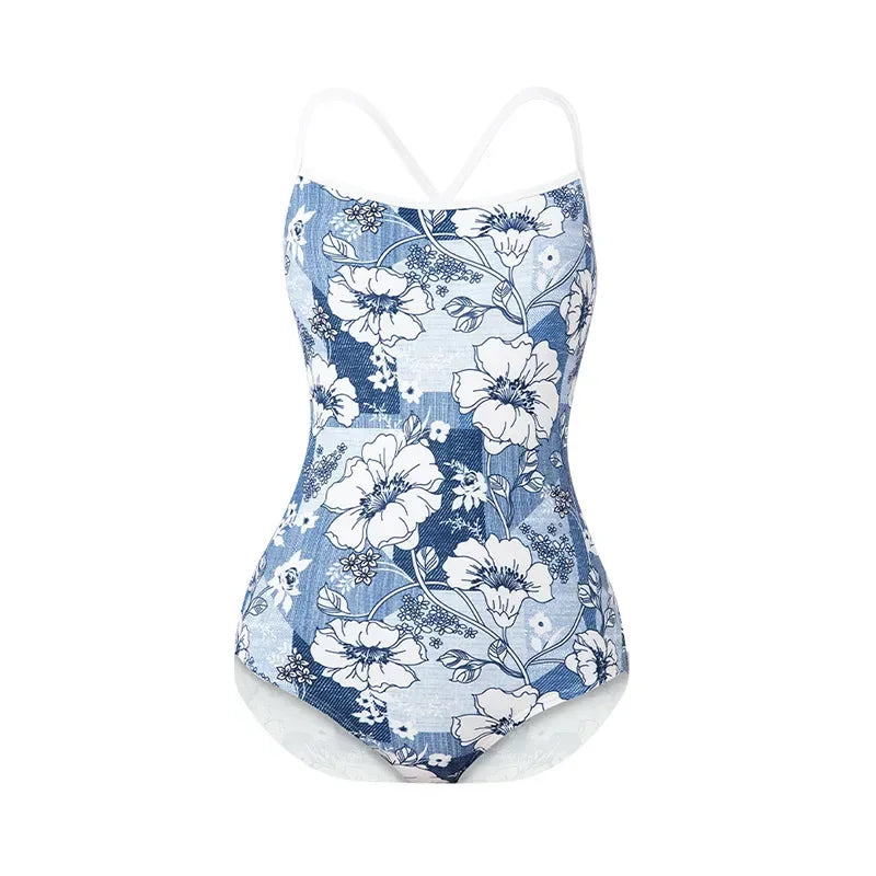 Women Vintage Racing One-piece Swimwear Sun Protection Professional Competition Flower Printed Swimsuit Training Bikini