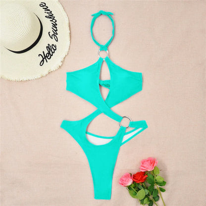 Tummy Cut Out Halter Women Thong Swimwear One Piece Swimsuit Female High Cut Monokini Rings Bathing Suit Swim Beach Wear