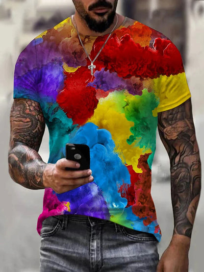 Rainbow Paint Splash Men's Printed T-shirt Hip Hop Street Fashion Harajuku Round Neck Comfortable Short Sleeve Top