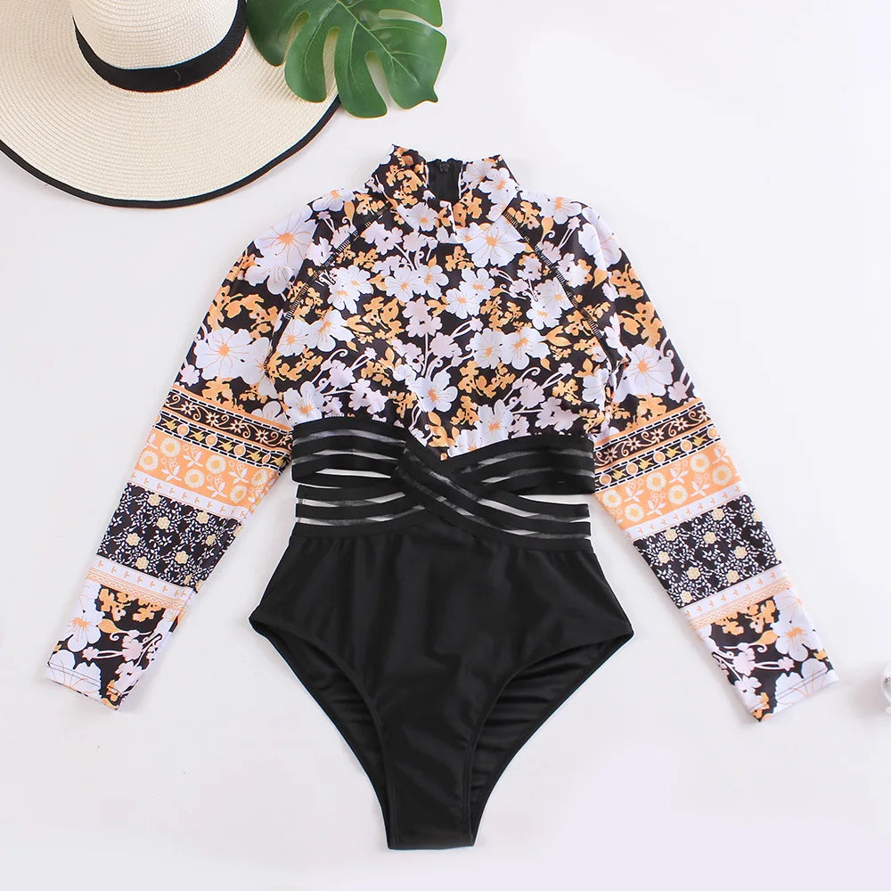 Long Sleeves Monokini Cut Out Swimwear Women One Piece Swimsuit Patchwork Bathing Suit Female Bodysuit  Surfing Suit