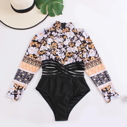 Long Sleeves Monokini Cut Out Swimwear Women One Piece Swimsuit Patchwork Bathing Suit Female Bodysuit  Surfing Suit