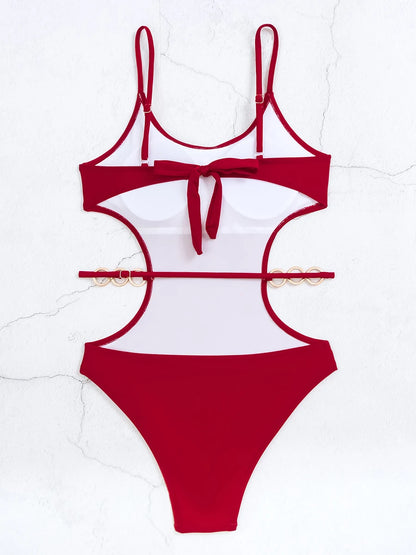 Chain Link Swimsuit Women One Piece Solid Hollow Out Swimwear Female Bathers Bathing Swimming Swim Suit Beachwear