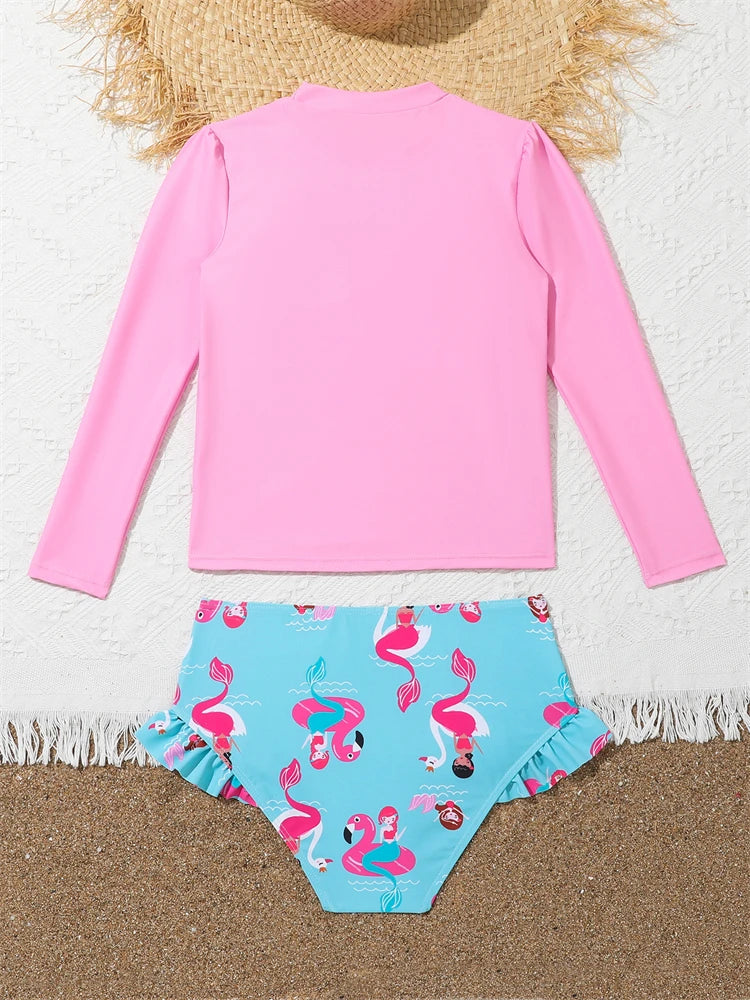 Kids Swimsuit Girls Cartoon Flamingo Long Sleeve Children Swimwear Summer 2 Piece High Waist Ruffle Beach Bathing Suits