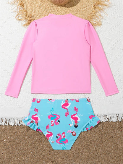 Kids Swimsuit Girls Cartoon Flamingo Long Sleeve Children Swimwear Summer 2 Piece High Waist Ruffle Beach Bathing Suits