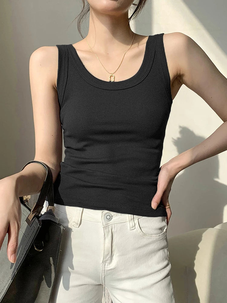 Knit Black Daily Wear Woman Vest Tank Tops Tight Ribbed Female Thick Straps Simple Casual Basic Fashion Summer Clothes