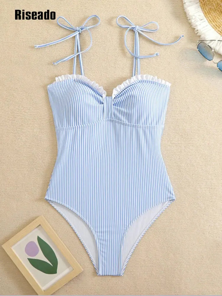 Women’s Pink Striped One Piece Swimsuits Tie Shoulder High Cut Tummy Control Bathing Suit Summer Beach Swimwear