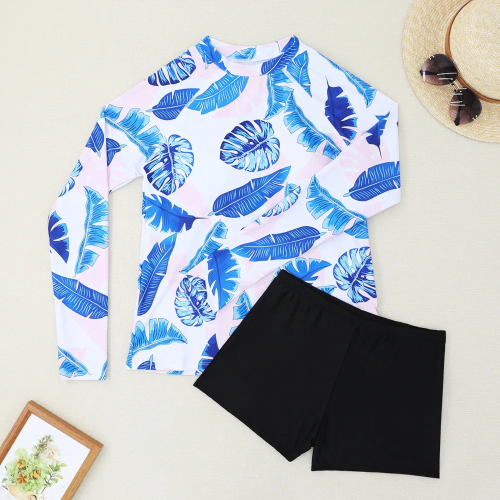 New Women Split Swimwear Long Sleeve Printed Bikini Sexy Surf Sports Swim Suit