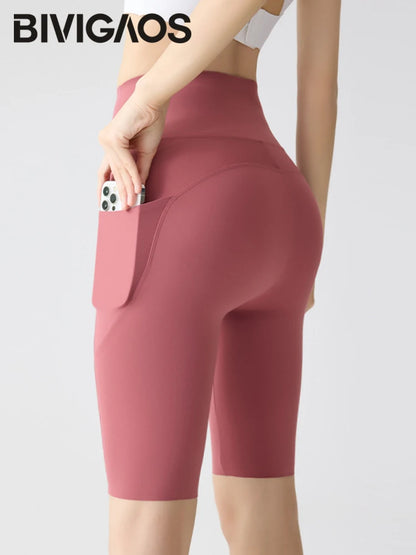 Pocket Yoga Sharkskin Bicycle Shorts Women Thin High Waist Push Up Light Feeling Sports  Fitness Cycling Shorts