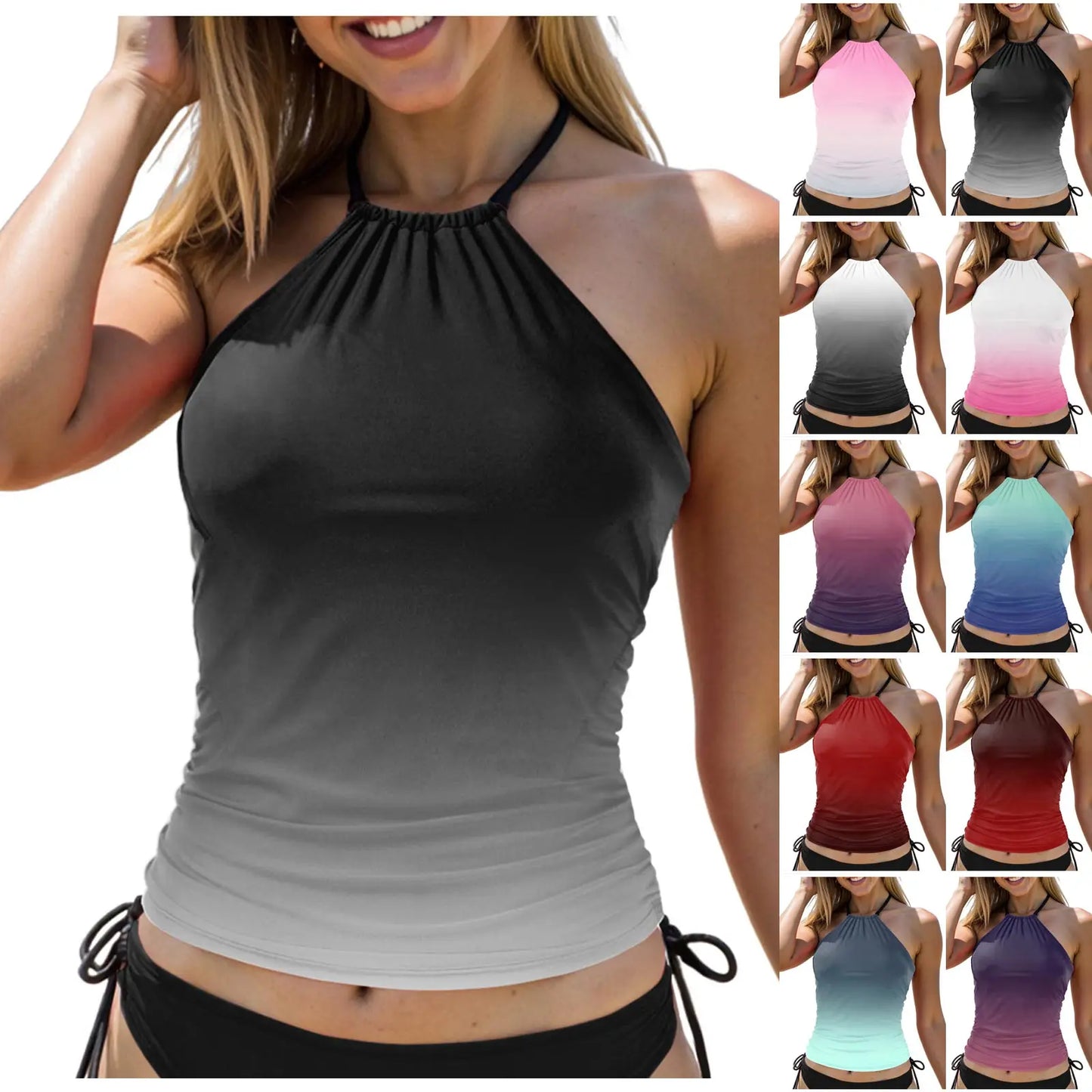 Women's Gradient Tankini Swimsuit Hanging Neck Cover Tummy Suspender Tops Mid Waist Side Tie Solid Color Shorts Holiday Wear