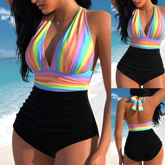 Rainbow Stripe Bodycon Backless One-Piece Halter Swimsuit Sportswear Women Bathers