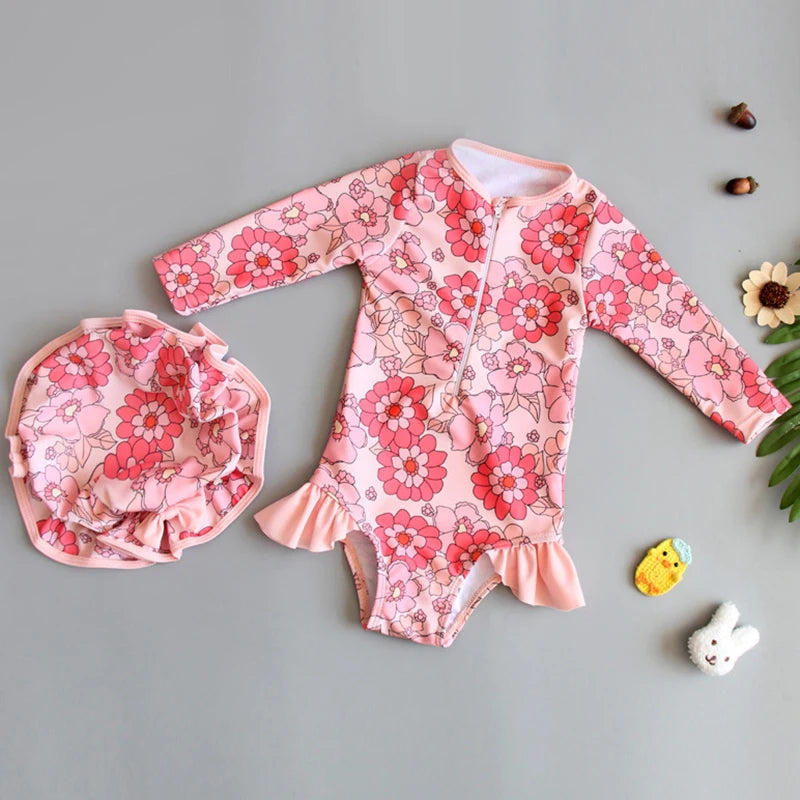 Long Sleeves Girls' Swimsuit With Hat Beachwear Surf One Pieces Colour Ruffle Kids Girls Summer Swimsuits Princess