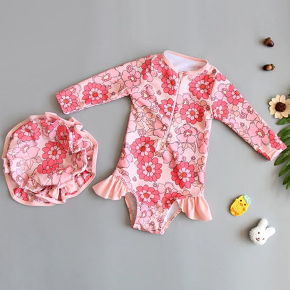 Long Sleeves Girls' Swimsuit With Hat Beachwear Surf One Pieces Colour Ruffle Kids Girls Summer Swimsuits Princess