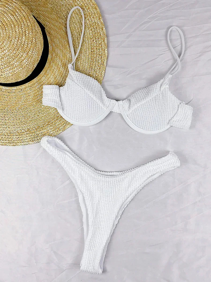 Ribbed Underwired V-Bar Thong Bikini Women Swimsuit Female Swimwear Two-pieces Bikini Set High Cut Bathing Suit Swim Beachwear