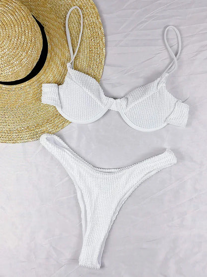 Ribbed Underwired V-Bar Thong Bikini Women Swimsuit Female Swimwear Two-pieces Bikini Set High Cut Bathing Suit Swim Beachwear