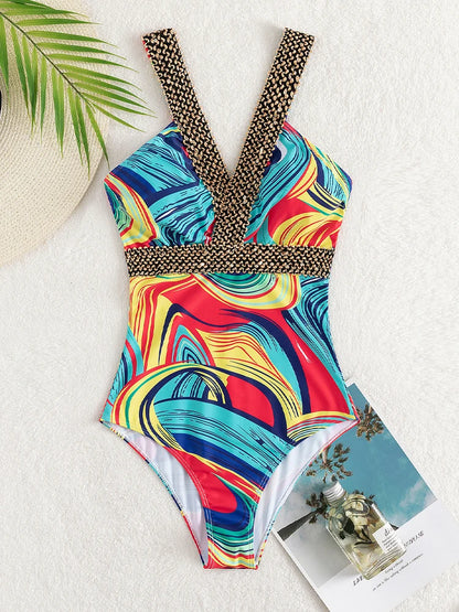 Color Print Strapped Swimwear Women Push UP One Piece Swimsuit Monokini Backless Hollow Summer Bathing Suit