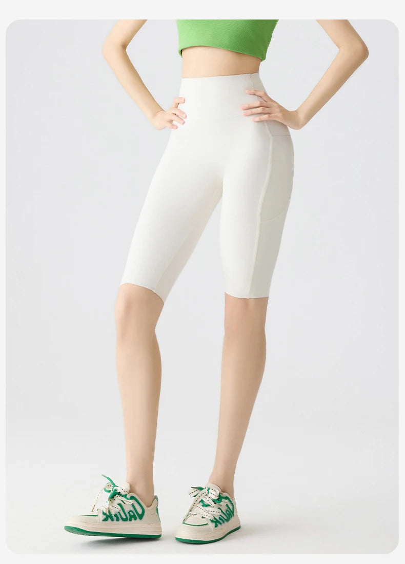 Pocket Yoga Sharkskin Bicycle Shorts Women Thin High Waist Push Up Light Feeling Sports  Fitness Cycling Shorts